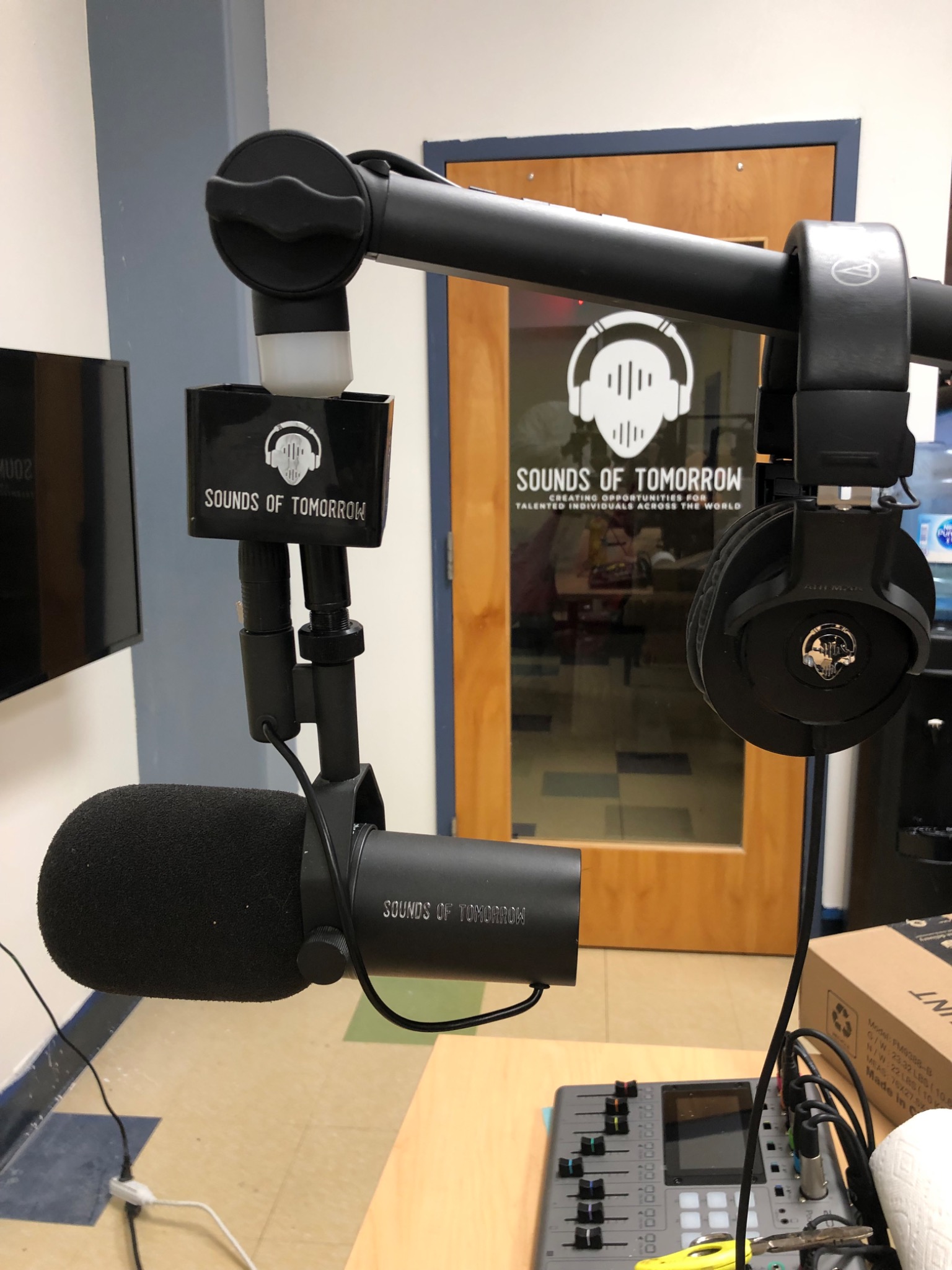 Sounds of Tomorrow podcast microphone, headphones and audio mixer